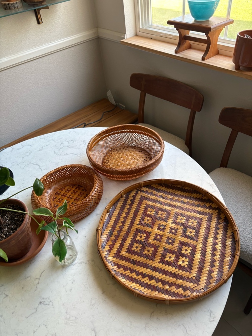Set of 3 Vintage Woven Bamboo Decorative Trays and Basket Set Natural Boho Chic